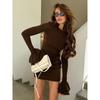 New Sping Autumn Bell Sleeve Round Neck Slim Fit Dress For Women Knitted Fleece-Lined Warm Fashion Women Clothing