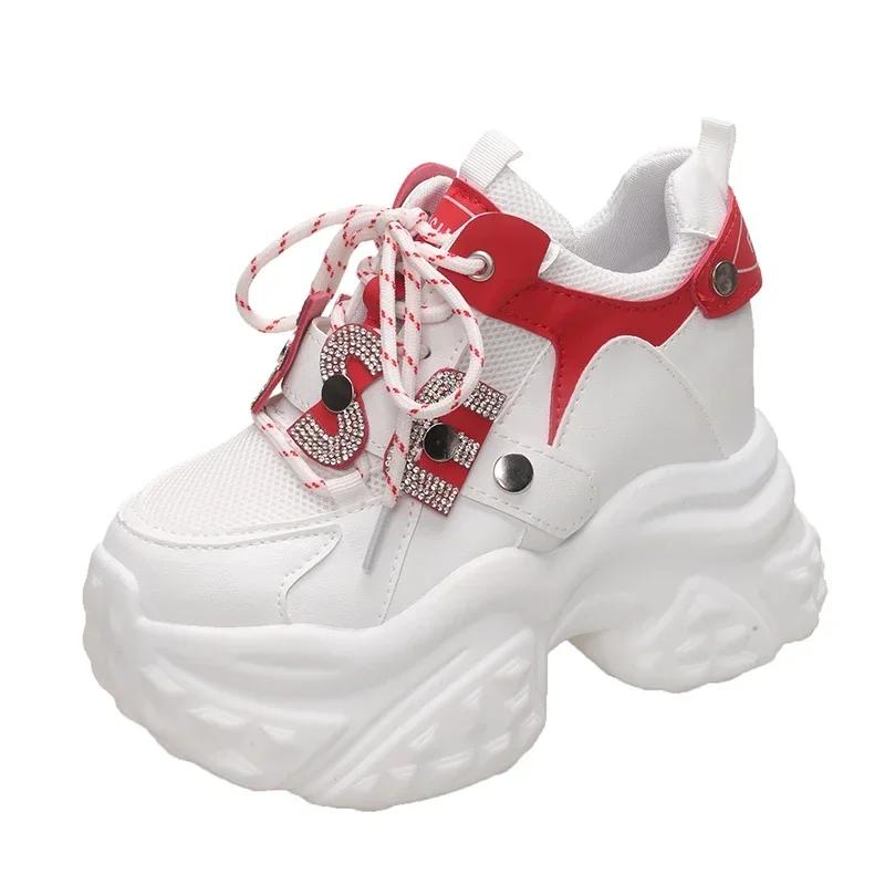 Fashion 10CM Women Platform Leather Sneakers Autumn Sports Dad Shoes High Top Chunky Casual Shoes Woman Thick Bottom Bling White Shoes