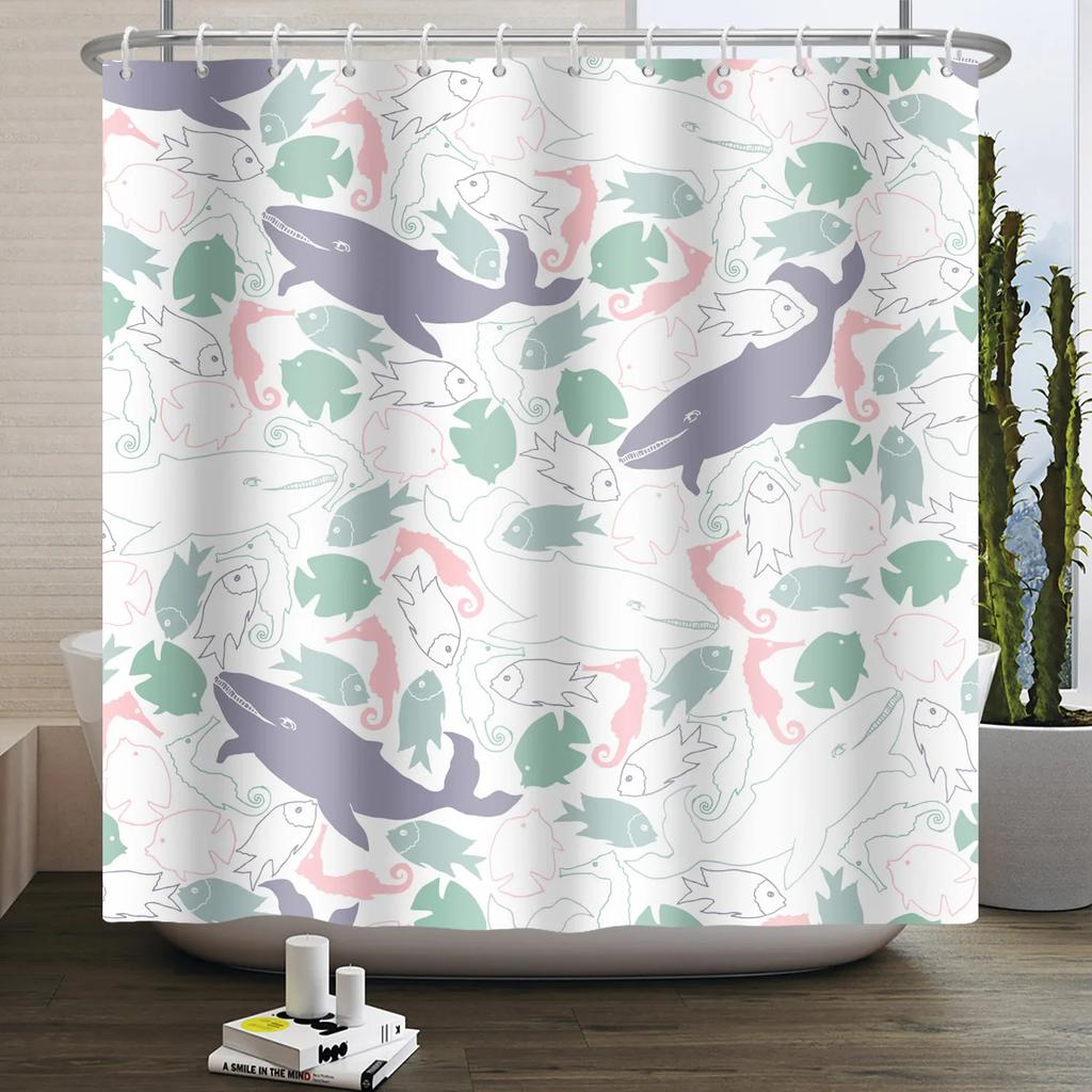 Sea Animals Shower Curtains Cute Dolphin Jellyfish Turtle Starfish Shell Coral Bathroom Bath Curtain Bathtub Privacy Partition