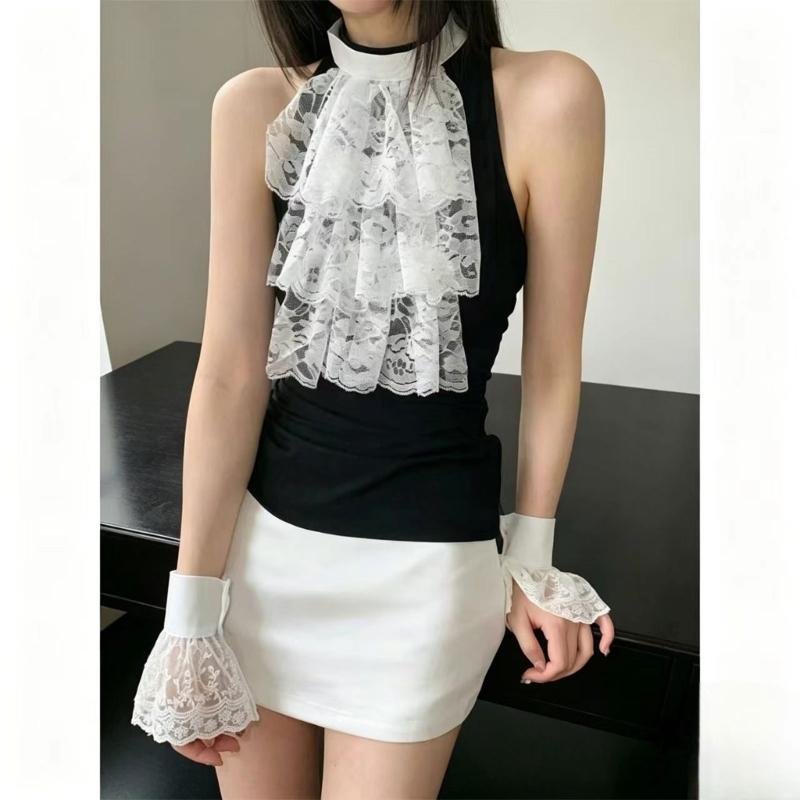 White Lace False Collar and Cuffs Sleeves for Women Girl, High Neck Ruffle Collar Decorative Accessory for Costume Styling, Stage Show Layering