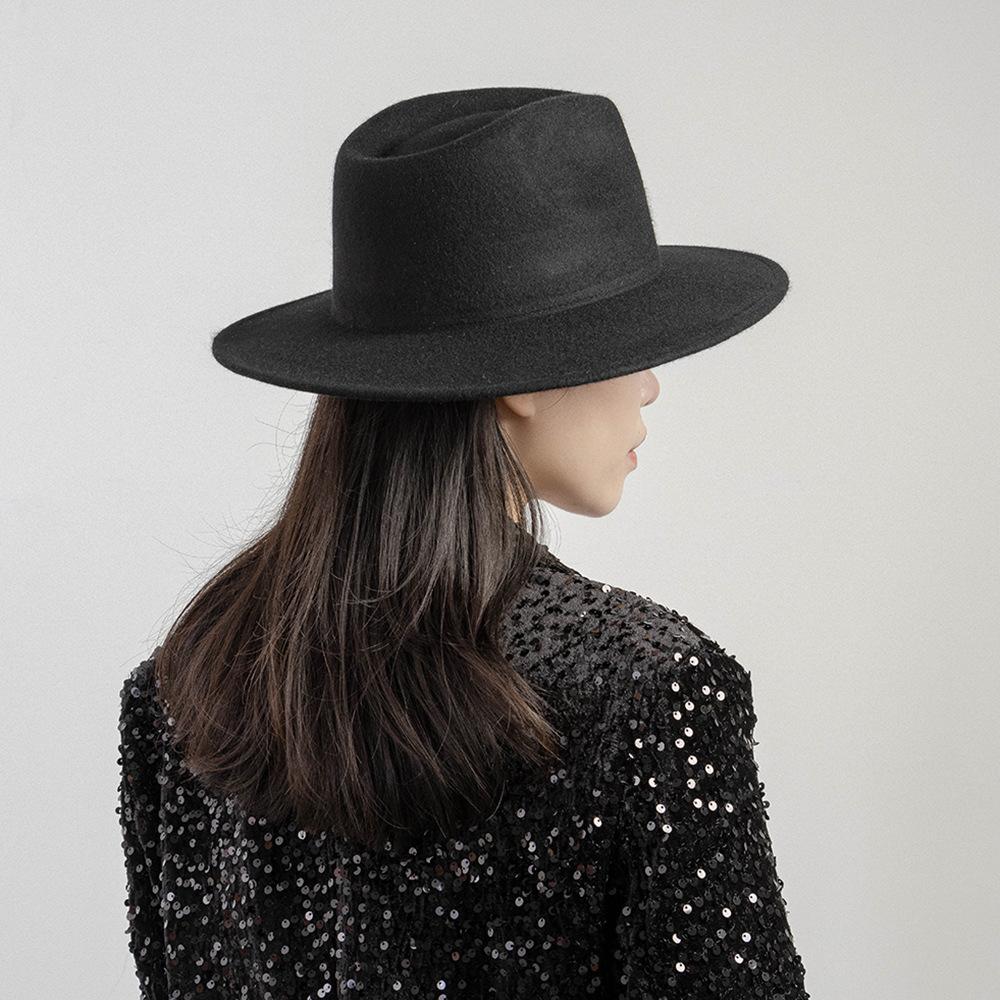 Autumn and winter new fashion casual bare body wide brim wool jazz hat outdoor shopping warm concave top hat tide