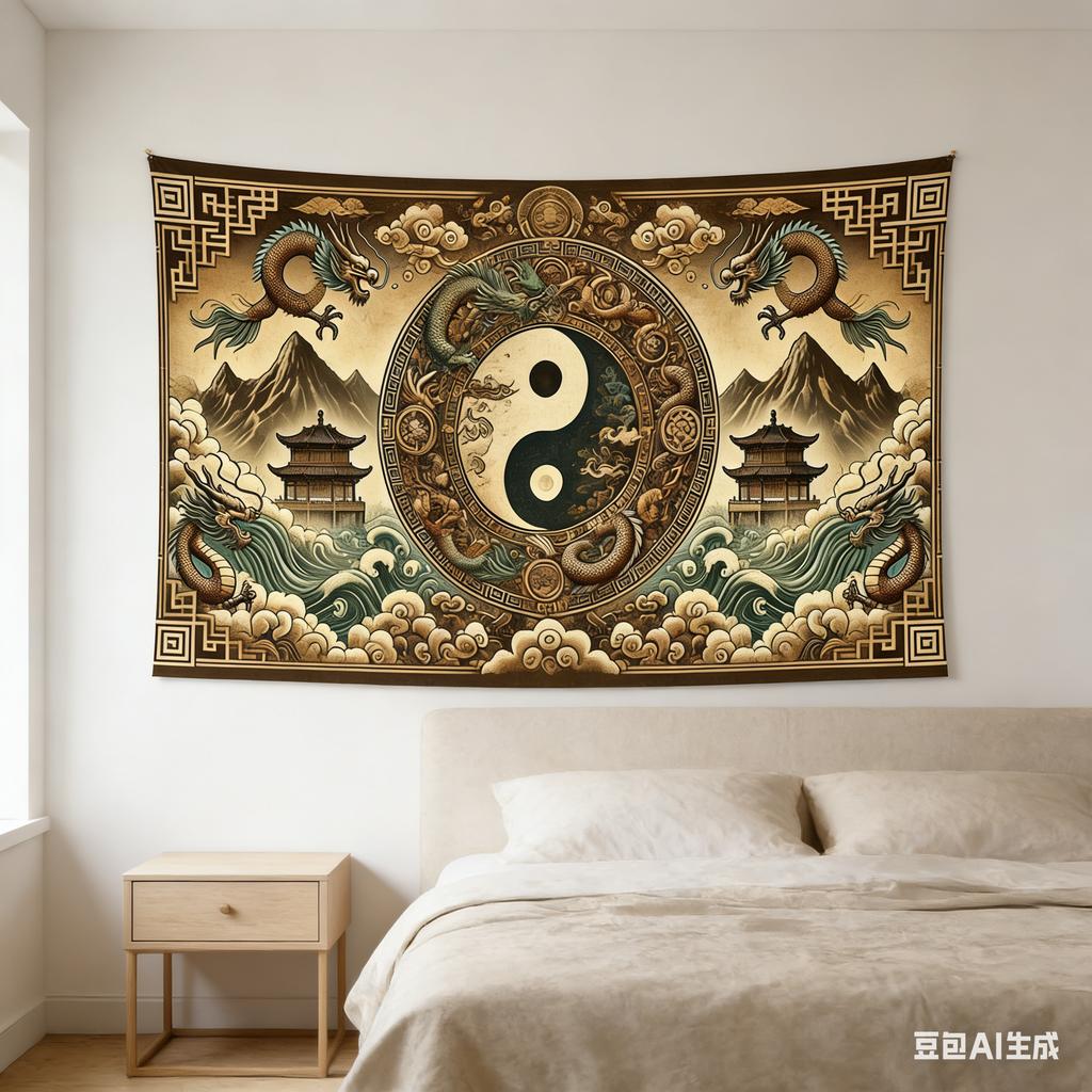 Chinese Dragon Yin Yang Tapestry 2D Flat Printing Tai Chi Feng Shui Wall Hanging for Living Room Bedroom Asian Style Home Decor