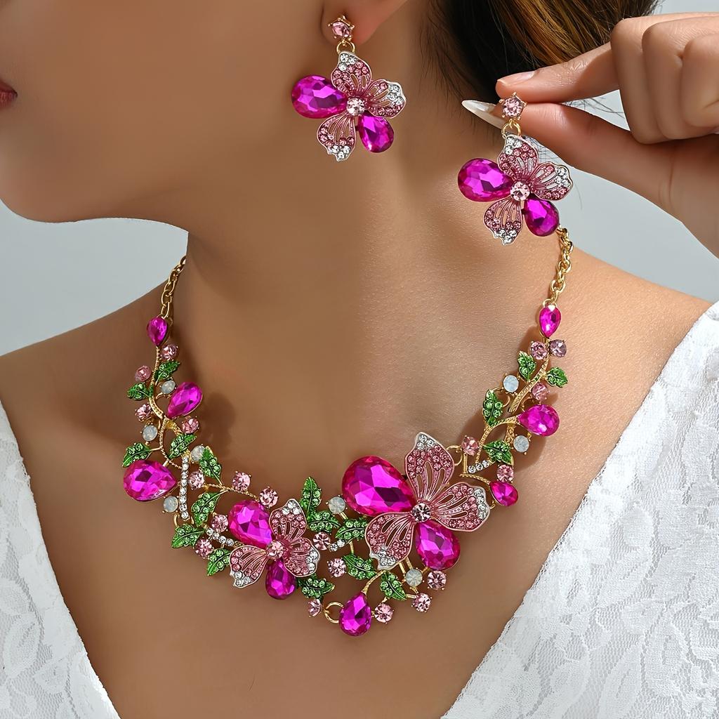 Elegantní květinová zirkonová sada s kamínky pro ženy - 3 ks náhrdelník a visací náušnice, na párty a pro každodenní nošení, perfektní dárek na rande/pro nevěstu
