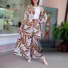 Set 2 Piese/Set Femei Cămașă Pantaloni Guler Întors Nasturi Imprimeu Frunze Mâneci Lungi Top Larg Lungime Medie Talie Elastică Pantaloni Largi Sport