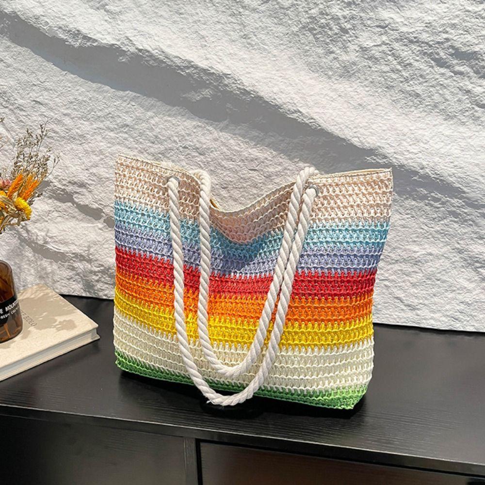 Bolsa de Praia Tecido Listrado Bolsa Estilo Boêmio Tote Vazado Bolsa de Praia Arco-Íris Simples Compras