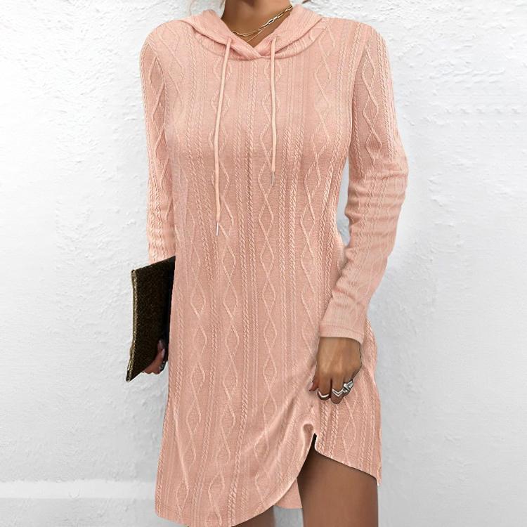 

Осеннее однотонное трикотажное платье с длинными рукавами и капюшоном XL розовый