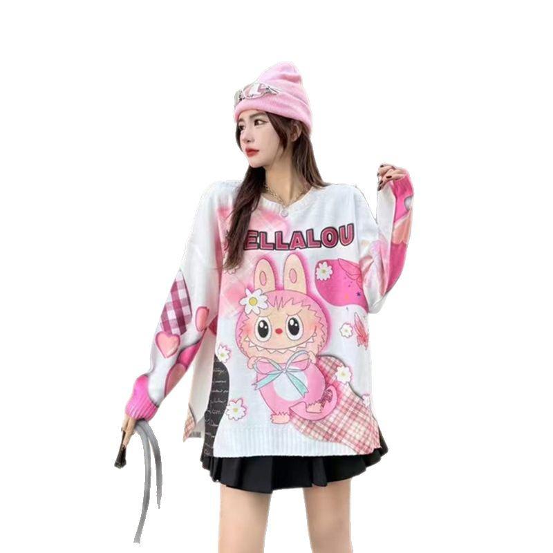 Rhinestone Cartoon Knitwear: Women's 2023 Winter Mink Velvet Loose Round Neck Sweater