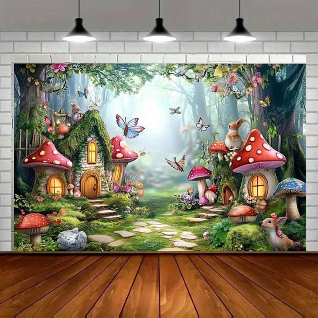 2D-Ebene 1 bezaubernder Märchengarten-Hintergrund ausgestattet mit bunten Pilzhäusern Schmetterlingen und Wildblumen