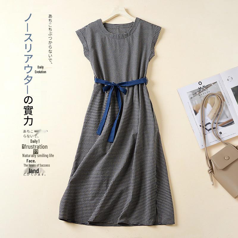 

2023 Summer Casual Cotton Linen Plaid Dress for Women Medium