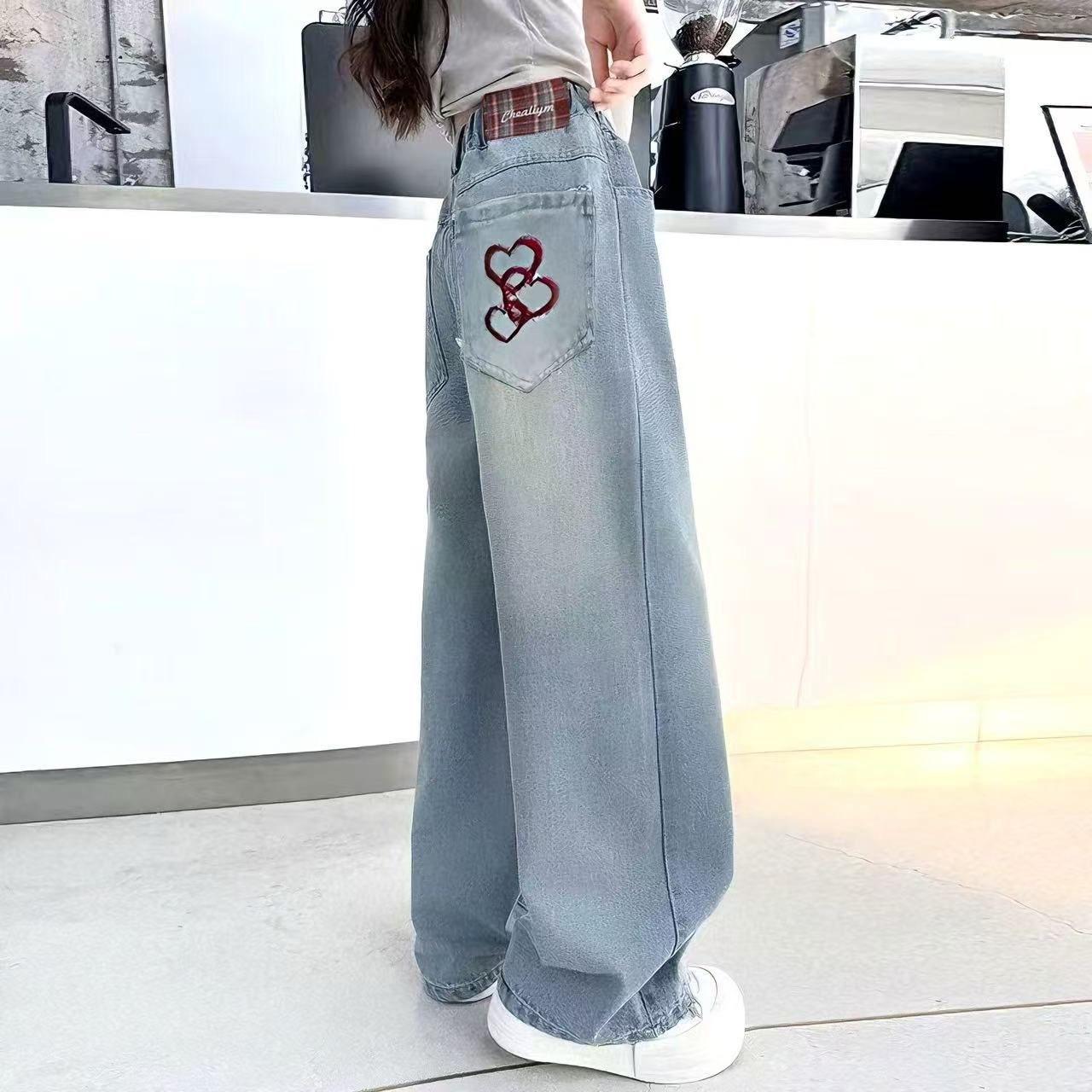 

Девичьи джинсовые брюки с широкими штанинами Девичьи осенние стильные длинные брюки Весенне-осенние модные джинсы с прямыми штанинами 160