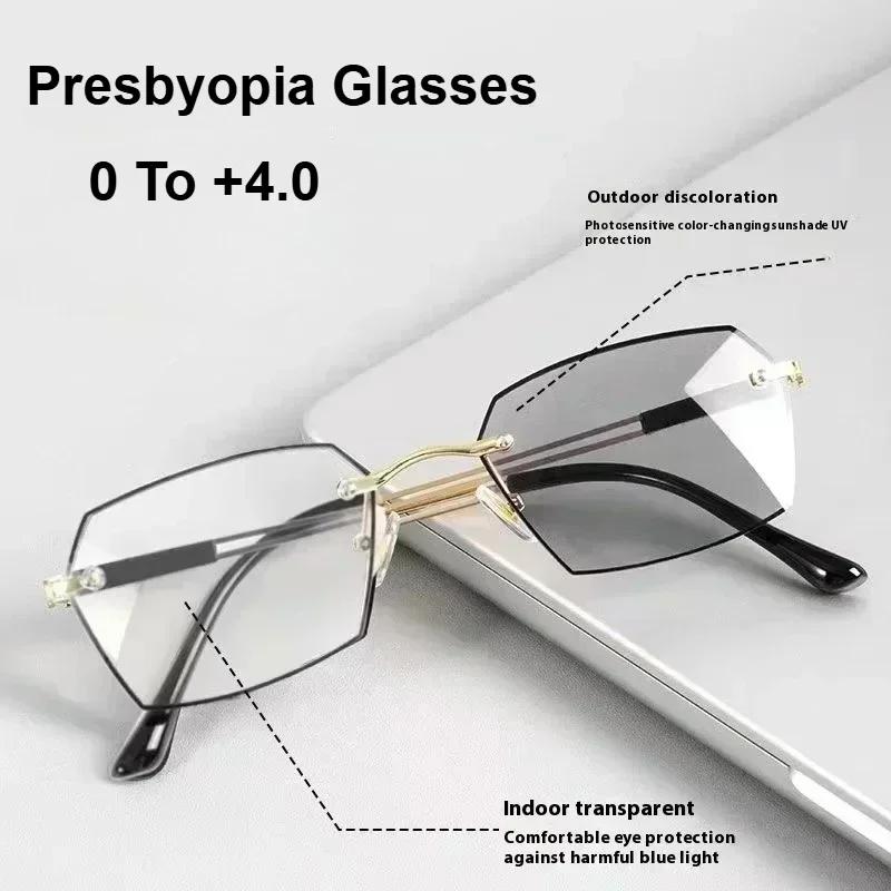 New Frameless Business Reading Glasses Photochromic Men'S High-Definition Anti Blue Light And Anti Fatigue Presbyopia Glasses