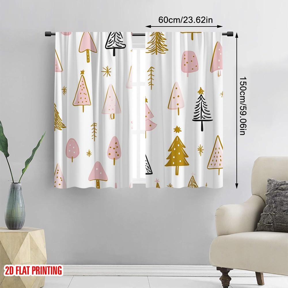 2pcs,2D plane printing Contemporary Curtains Christmas Trees Gold Versatile Polyester Fabric (without rod) Room Decor Ldeal for
