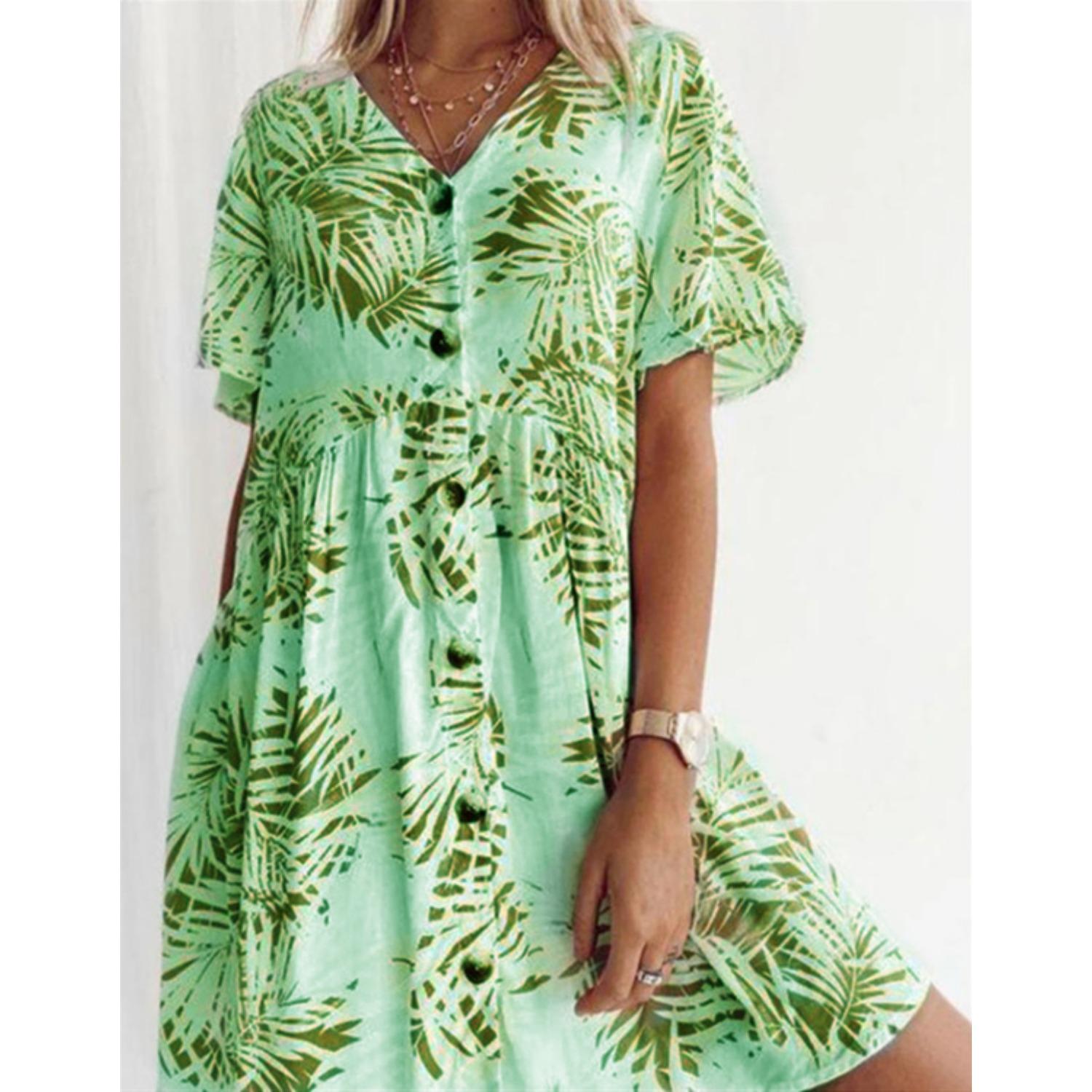 

2025 Новое женское платье с заниженной талией, элегантное платье с принтом, весна-лето, свободное и удобное XXXL зелёный