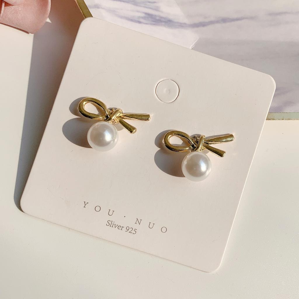 Silver needle in wind pearl knotted earrings female cute sweet student versatile bow stud earrings female