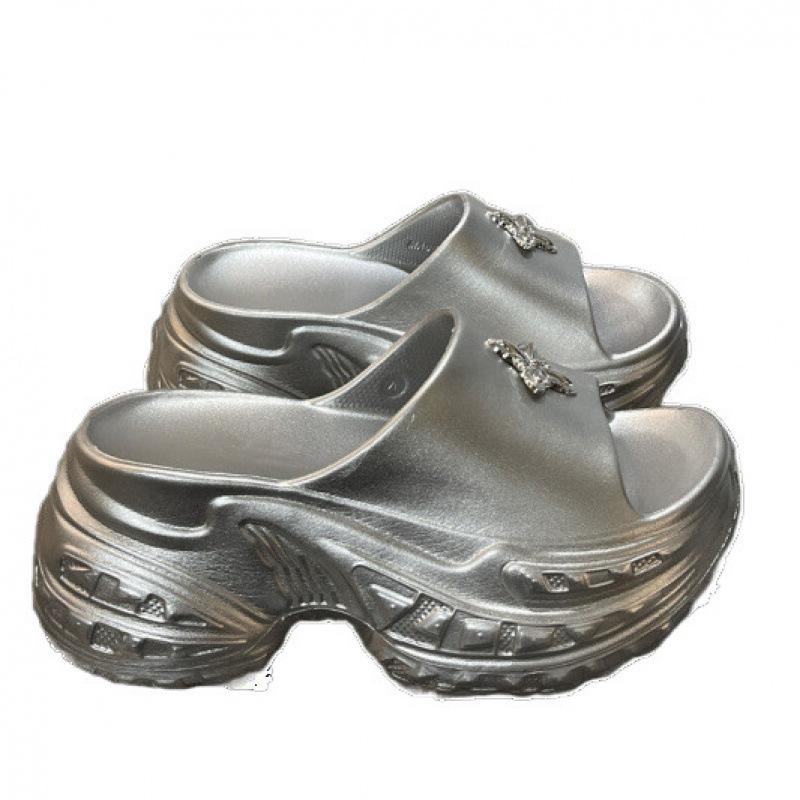 Silver Thi Heel Slippers Women's High Heel Outdoor Wear-Resistant Anti-Slip Odor-Proof Summer Outdoor Slippers