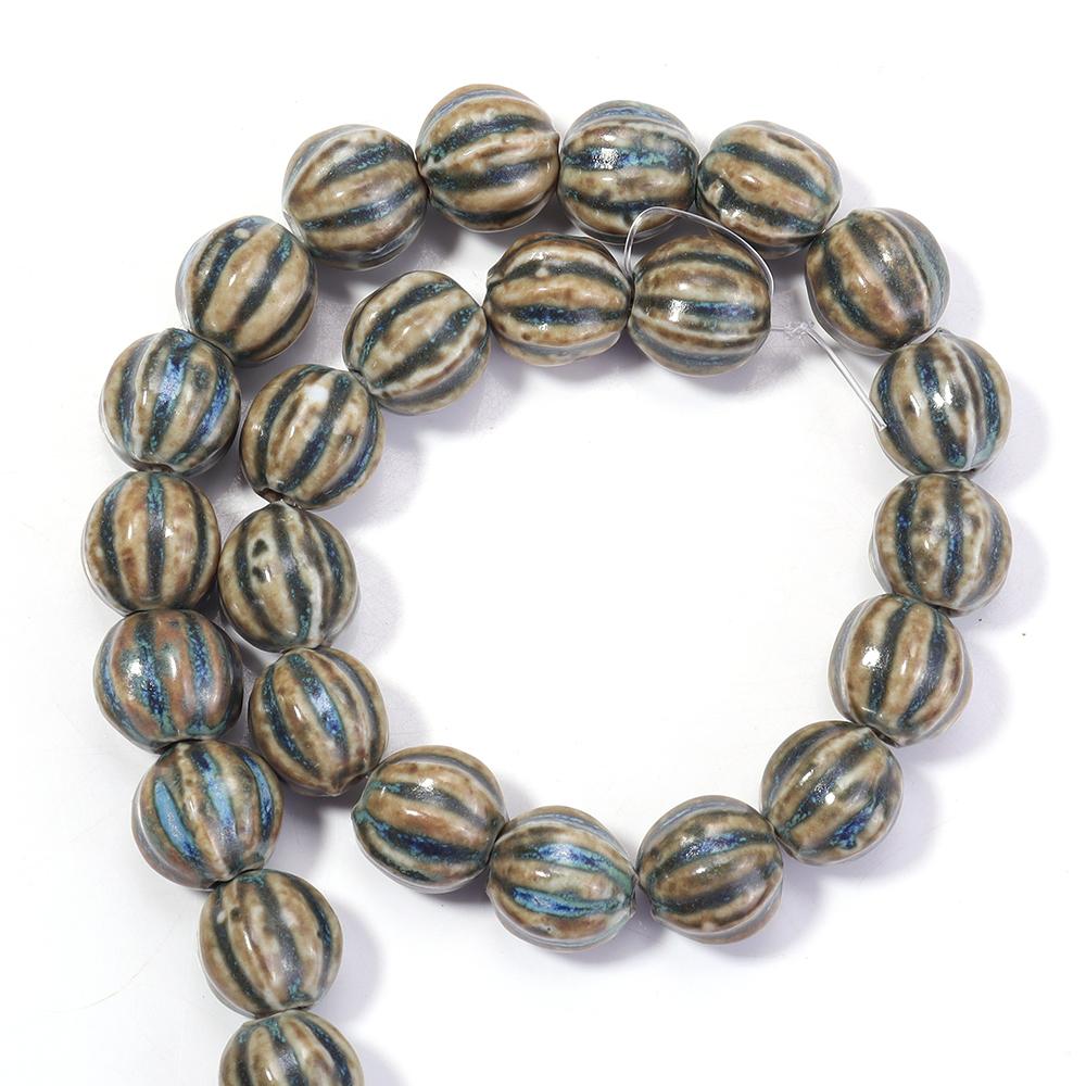 28pcs/string Pumpkin Shape Stripe Ceramics Beads Colorful Floral Glaze Porcelain Beads For DIY Charms Neckalce Bracelet Jewelry