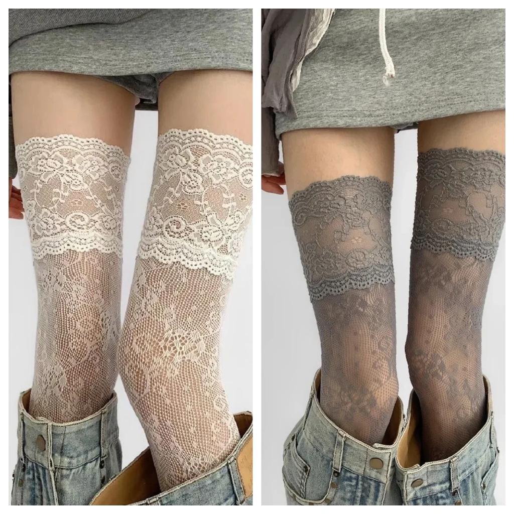 Y2K New Women Flower Lace Fishnet Thigh High Stockings Japanese Style Jk Girl Sweet Lace Trim Frilly Over Knee Long Socks