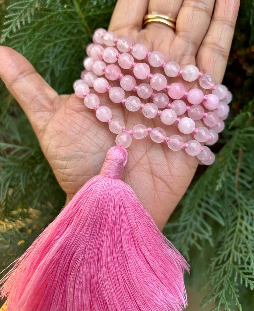 8 mm Rnd 108+1 Guru Beads Faceted Pink Rose Quartz Jaap Rosary, Japa Mala Energized, Yoga Prayer Healing Meditation, January Birthstone