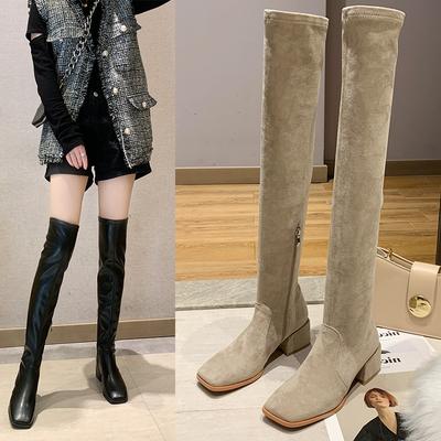 Female Women Boots Sexy Zipper Over The Knee Boots Women Flats Shoes Square Toe Long Boots Thigh High Suede Chunky Heel Boots