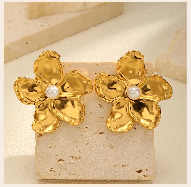Flower Earrings Studs for Women Nickel Free, Chunky Stainless Steel Personality Big Pearl Floral Stud Earring Christmas Gift