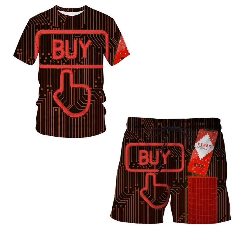 3D-Druck übergroßes modisches T-Shirt-Shorts-Set Harajuku Freizeit reifer Kurzarmanzug Mobile Technologie Zweiteiliges Set