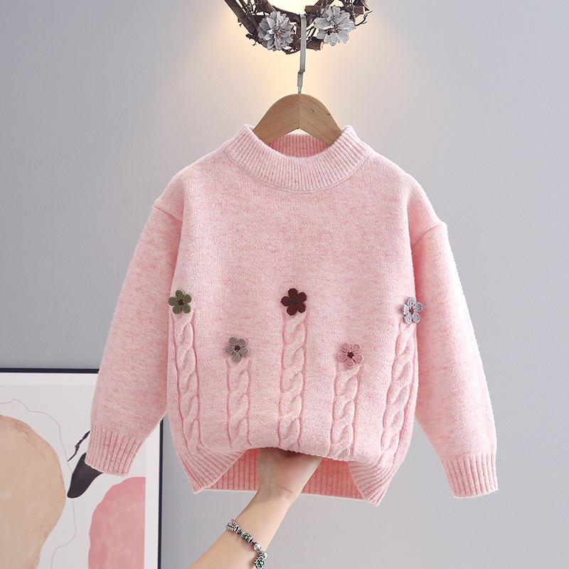 Autumn/Winter Girls Floral Round Neck Pullover Knitwear 150cm розовый