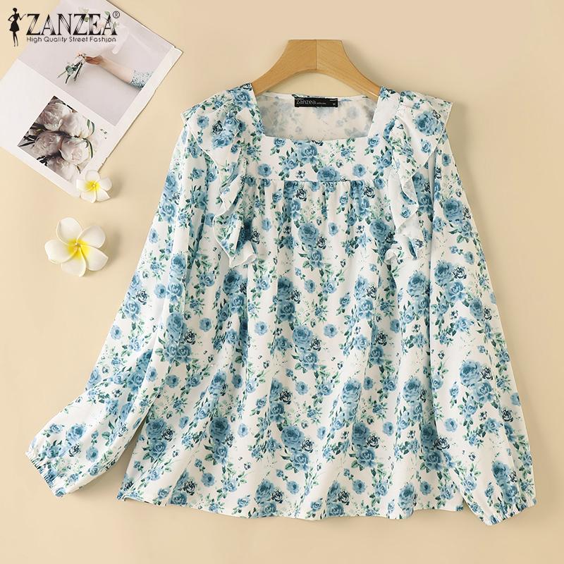 

ZANZEA Women Casual Square Collar Long Sleeve Loose Floral Blouse S синій