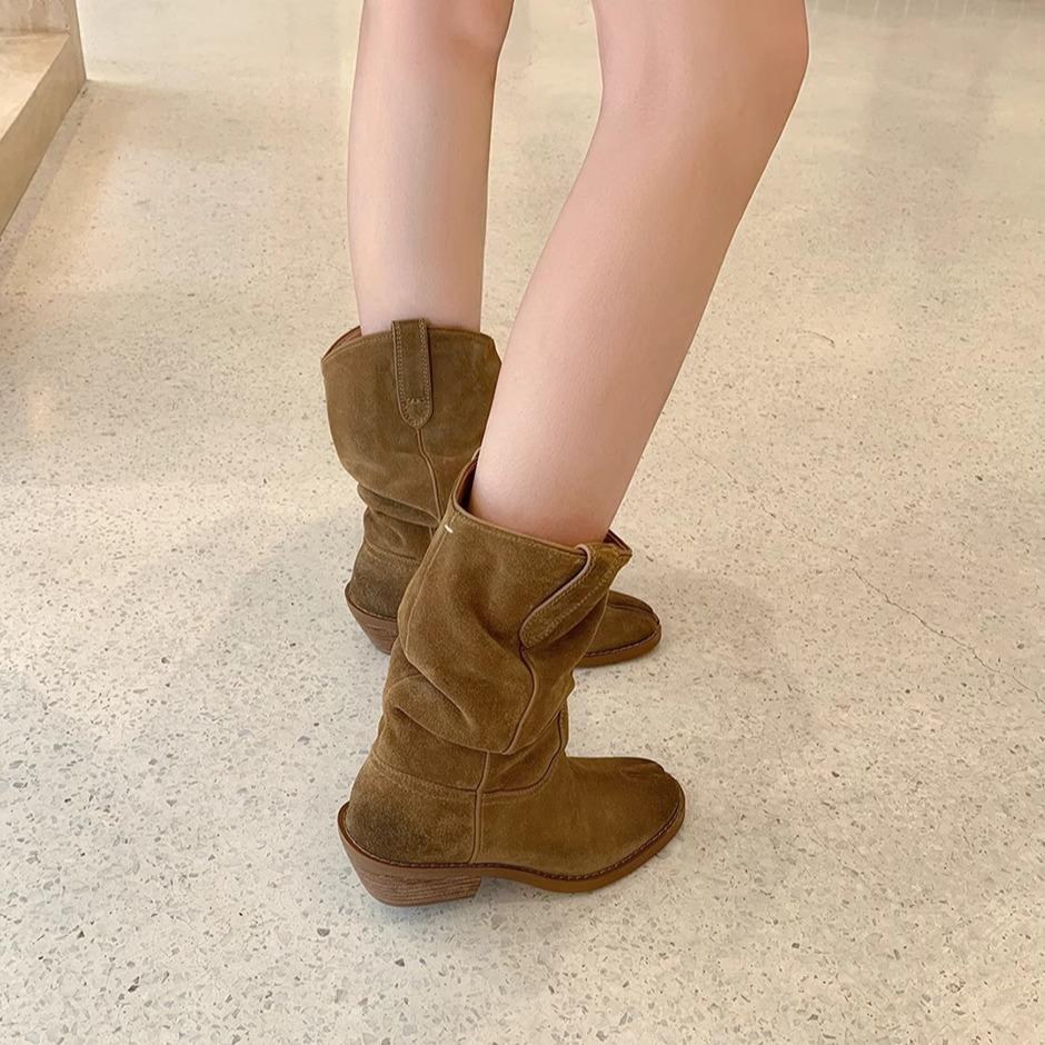 Second Hair! Su Yinyin Has the Same Round Head Split-toed Pig's Trotters Thick Heel Western Cowboy Pile Short Boots Female Martin Boots