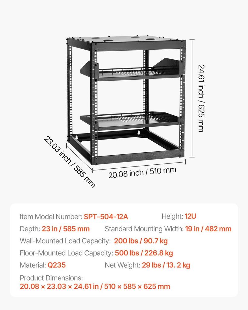 12U Open Frame Network Rack, 585 mm Depth, Wall Mounted or Floor Standing Server Rack, Heavy Duty 4 Post, with Vented Shelves & Mounting Hardware,