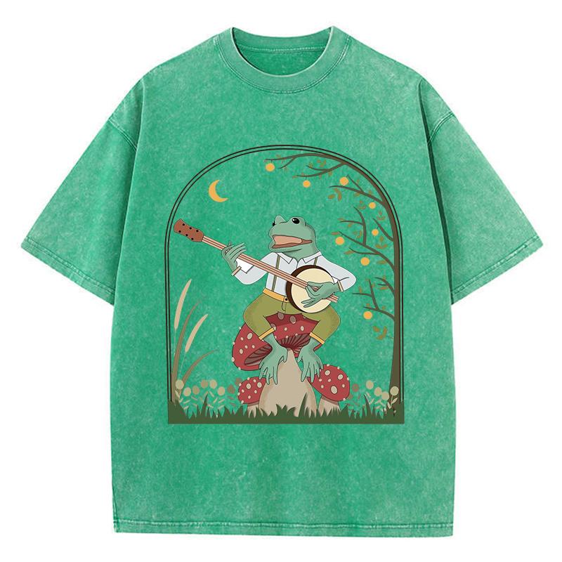 Frog Playing Banjo On Mushroom Printed Washed T-Shirt Women Casual Cotton T Shirt Y2K Tops Summer Oversize Streetwear