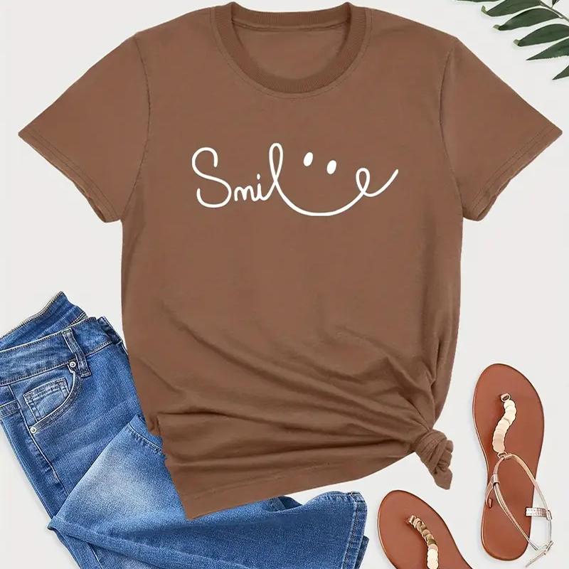 

Женская летняя футболка с принтом «Улыбающиеся граффити» с коротким рукавом, повседневные топы с принтом 8XL коричневый