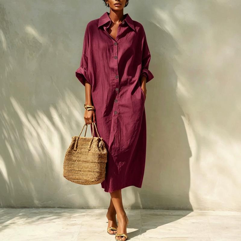 European and American women's new loose long single-breasted lapel design shirt dress women