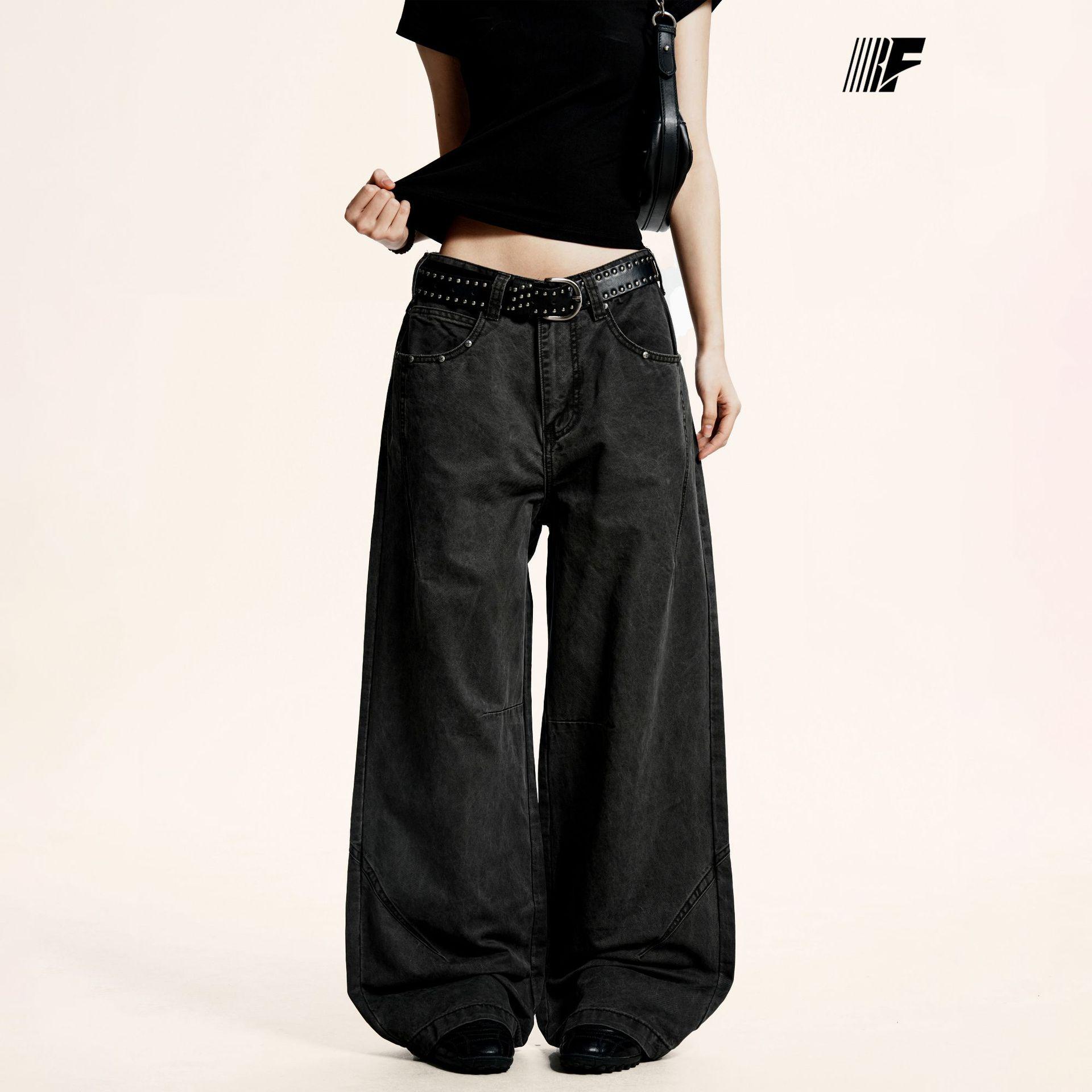 Yongfang Unisex Distressed Retro Gray Wide-Leg Work Pants with Rivets 2XL