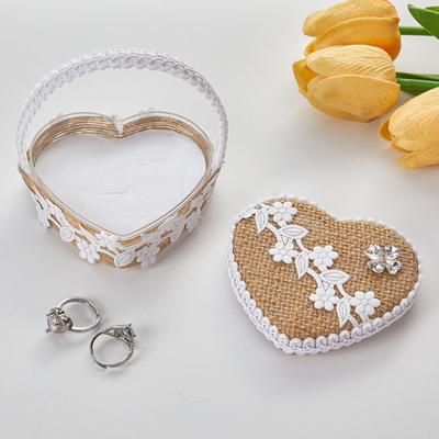 Tragbare Ringbox in Herzform, Spitzendekor, Eheringkissen, Innenteil aus weichem Schaumstoff, Ringkorb mit Tragegriff