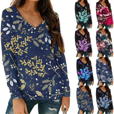 Women's Fashion Casual Long Sleeve Floral Print V Neck Top With Pockets