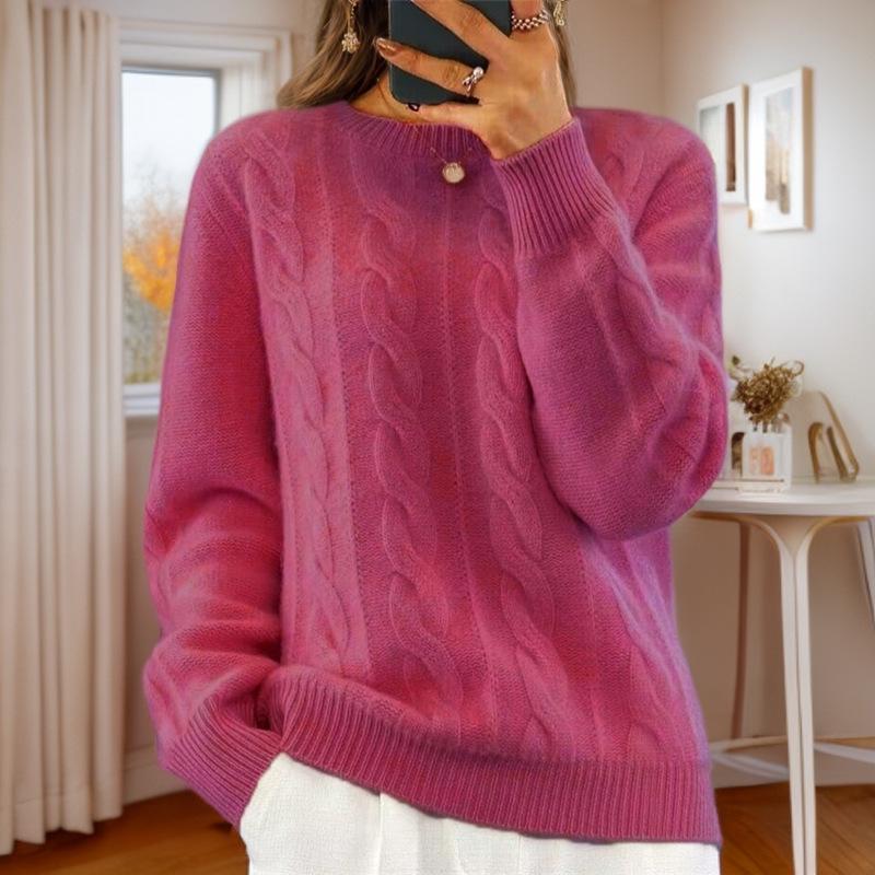 2024 Women's Autumn/Winter Casual Cable Knit Sweater - Solid Color Round Neck Pullover
