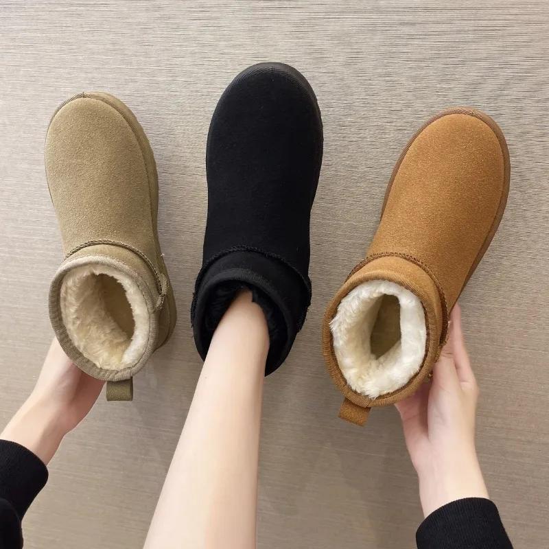 Fashion New Snow Boot Style Short Mini Winter Sheepskin Boots Women Waterproof Natural Wool Ankle Boots Fur Lined Ankle Warm Flat Shoes