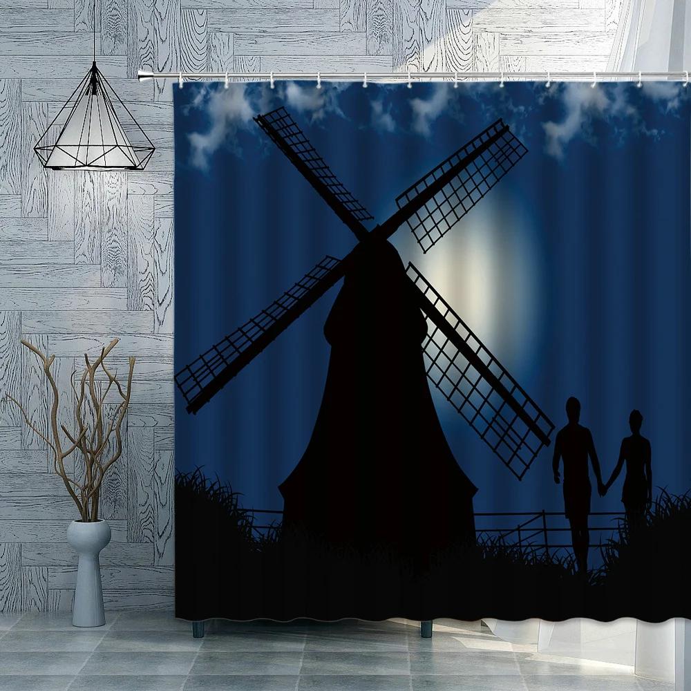 Romantic Lover Shower Curtains Moon Couple Waterproof Polyester Fabric Bathroom Curtain 3D Valentine's Day Decoration