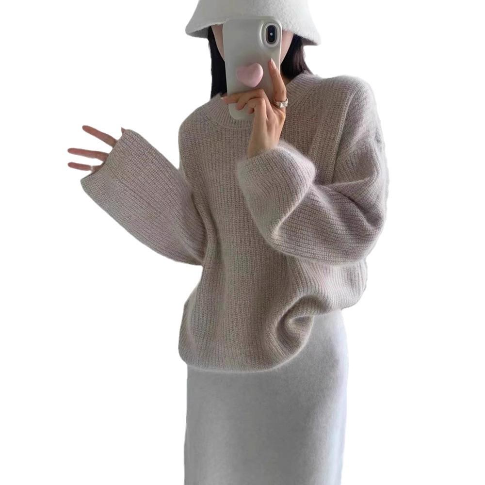 Women's European-Style Red Wool Pullover Sweater, Round Neck, Thickened & Loose, Versatile Base for Autumn/Winter '24.