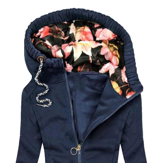 Women Hooded Coat Floral Print Patchwork Autumn Winter Drawstring Zipper Irregular Bottom Sweatshirt for Daily Wear