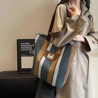 Casual Striped Canvas Shoulder Bags Zipper Large Capacity Sense of Luxury Color Matching Bags