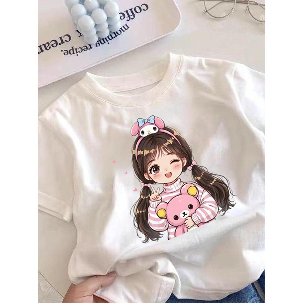 Kurumi girls' short sleeved T-shirt, cute cartoon short sleeved summer children's top, round neck printed T-shirt