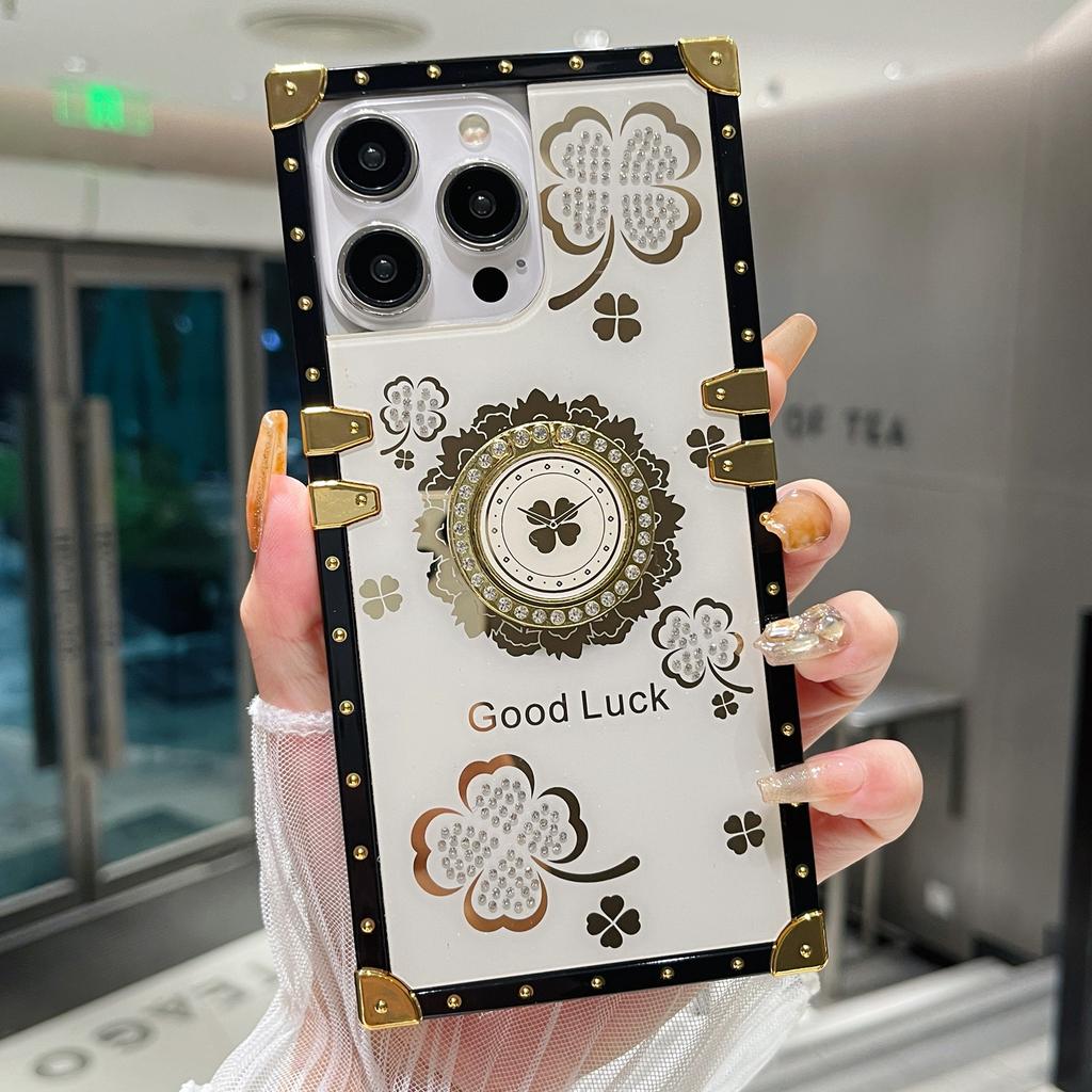 For iPhone 16 Pro Max Case with Kickstand Four Leaf Clover Pattern Electroplating TPU + PC Phone Cover