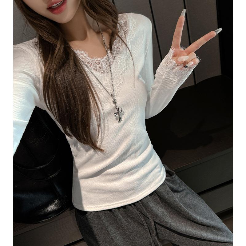 Jaro Podzim V-výstřih Krajkové Patchwork Jednobarevné Spodní Tričko Dámské Dlouhý Rukáv Slim Vše-k-sebe Ležérní Tričko Pulovr Top