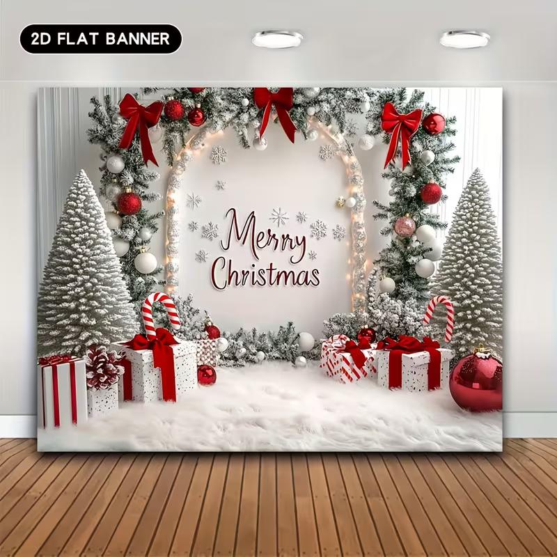

2D Elegant White Christmas Wall Decor, Red Ornaments & Candy Cane Banner 47.2x31.5inch/120*80cm