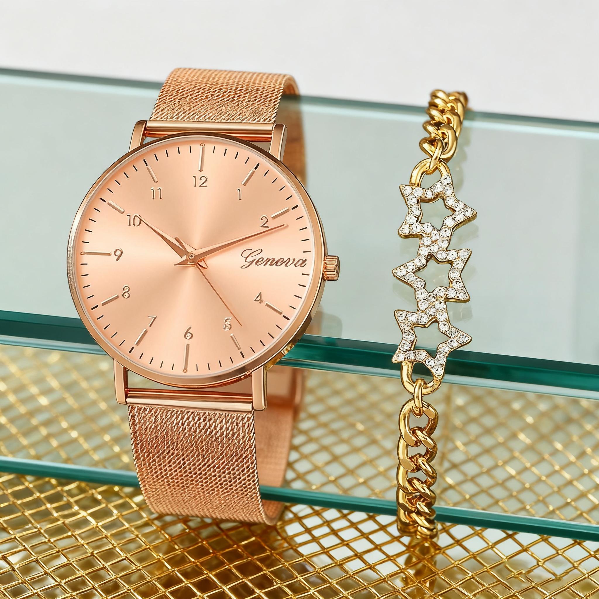 Women s Rose Gold Quartz Watch Two-Piece Set with Star Full Diamond, Fashionable Quartz Watch, Christmas Gift золотой