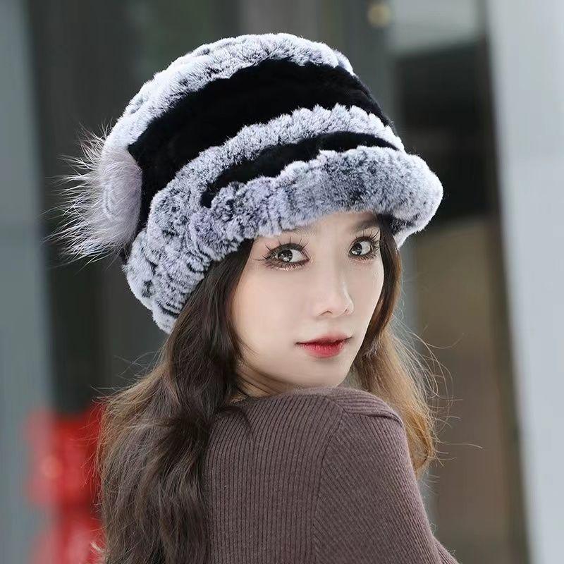 Rex Rabbit Fur Hat Genuine Fur Ear Protection Thick Warm Fashionable Fox Fur Flower Duckbill Cap New All-match Autumn and Winter Women's Hat