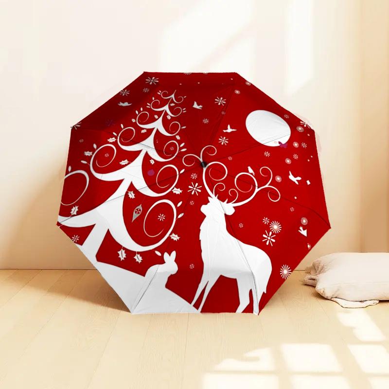 Christmas Deer & Tree Design Automatic Opening Folding Umbrella - 8 Bone Iron Frame, Suitable for Fans, Travel, Daily Use, Festive Gift11212