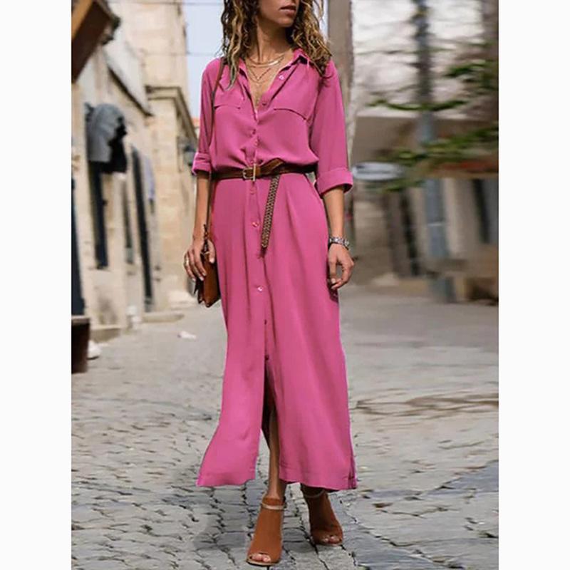 Fashion Long Sleeve Split Casual Shirt Dress Women Solid Single Breasted Plus Size Dress Female Elegant Loose Office Lady Dresses 24182