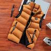 Men Winter Vest Stand Collar Thickened Padded Soft Windproof Warm Neck Protection Solid Color Sleeveless Zipper Closure Strap Decor Pockets